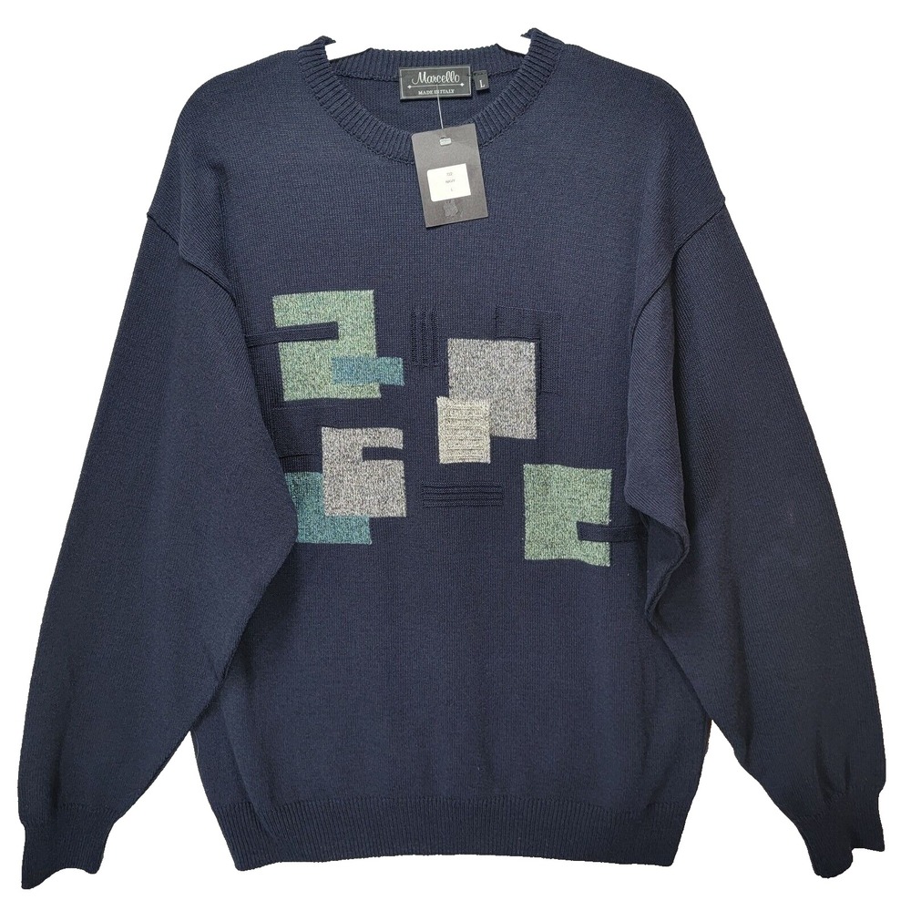Vtg Marcello 3D Knit Textured Sweater Mens L Geometric‎ Navy Blue Grandpa Italy